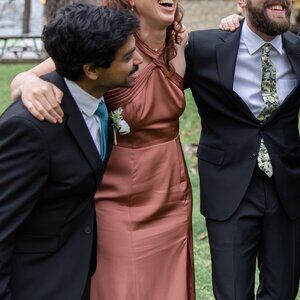 Azazie Rue Bridesmaid Dress in Cedar Rose Stretch Satin